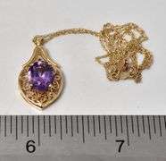 Stunning 10K Yellow Gold Amethyst Gemstone Pendant Necklace