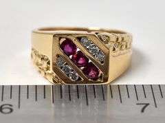 Charming 14K Yellow Gold Ruby Gemstone and Diamond Men's Ring