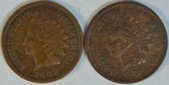 1873 (Open '3') and 1908-S Indian Head Cents in VF