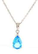 14kt White gold pear shaped blue topaz pendant on chain necklace