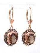 14kt Yellow gold oval smokey quartz and white and TLB double halo dangle earrings
