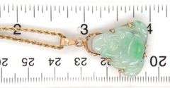 14kt Yellow gold green Jade laughing Buddha pendant on chain