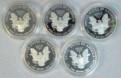 2002, 2 2005, & 2 2010 Gem Cameo Proof $1 Silver Eagles in velvet boxes
