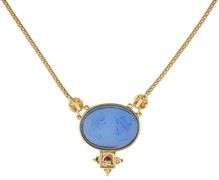 Blue Intaglio Glass and Red Ruby Cabochon Heirloom Pendant Necklace in 18K