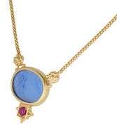 Blue Intaglio Glass and Red Ruby Cabochon Heirloom Pendant Necklace in 18K