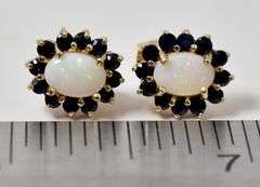 Colorful 14K Yellow Gold Opal and Blue Sapphire Gemstone Stud Earrings