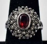 Red Garnet and Marcasite Gemstone Ring in Sterling Silver