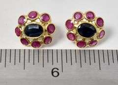 Perfect 18K Yellow Gold Blue Sapphire and Ruby Gemstone Stud Earrings
