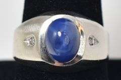Stunning 14K White Gold Star Sapphire Gemstone and Diamond Men's Ring