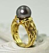 Gorgeous 18K Yellow Gold Gray Pearl & Diamond Ring