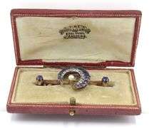 Antique 2.10ctw sapphire, diamond and pearl moon brooch