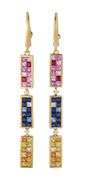 0.42ctw Diamond and Multicolored Sapphire Triple Station Dangle Earrings in 18K