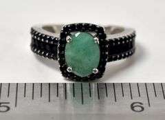 Emerald and Black Spinel Gemstone Ring in Sterling Silver