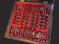 Medieval British Army Antique Copper Chess Set with Natural Solid Wood Board