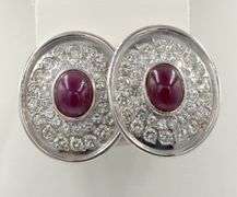 14kt White gold Cab rubies and 2ctw diamond pave oval earrings
