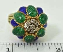 Vintage 14K Yellow Gold Enamel & Diamond Flower Ring