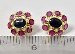 Perfect 18K Yellow Gold Blue Sapphire and Ruby Gemstone Stud Earrings
