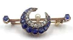 Antique 2.10ctw sapphire, diamond and pearl moon brooch