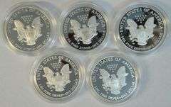 5 Diff Gem Cameo Proof $1 Silver Eagles 2001-2010, Velvet Boxes