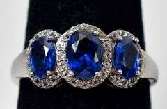 Synthetic Blue Sapphire and CZ Gemstone Ring in 925 Sterling Silver