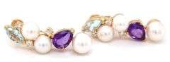 14kt Yellow gold marquise topaz, pear shaped amethyst, pearls and diamond earrings