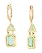 Emerald and Trillion Cut Prasiolite and 0.22ctw Diamond Frame Dangle Earrings in 14K