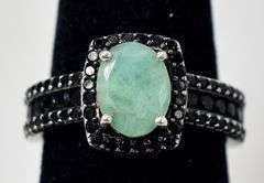 Emerald and Black Spinel Gemstone Ring in Sterling Silver