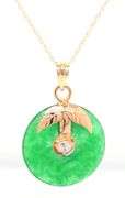 14kt Yellow gold green Jade diamond pendant on chain