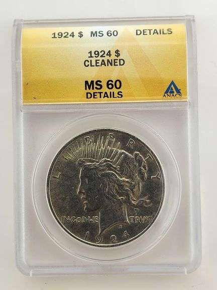 1924 Silver Peace Dollar, ANACS MS60 Details Cleaned