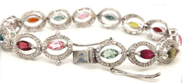 Darling 7.4CTW Oval Marquise-Cut Multi-Color Tourmaline Gemstone & Diamond Bracelet in 14K White Gol