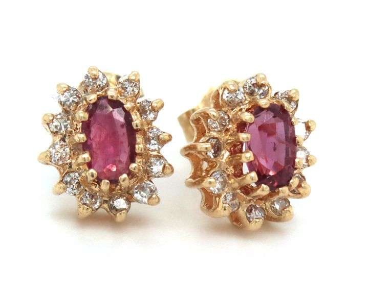 14kt Yellow gold Garnet and diamond halo earrings