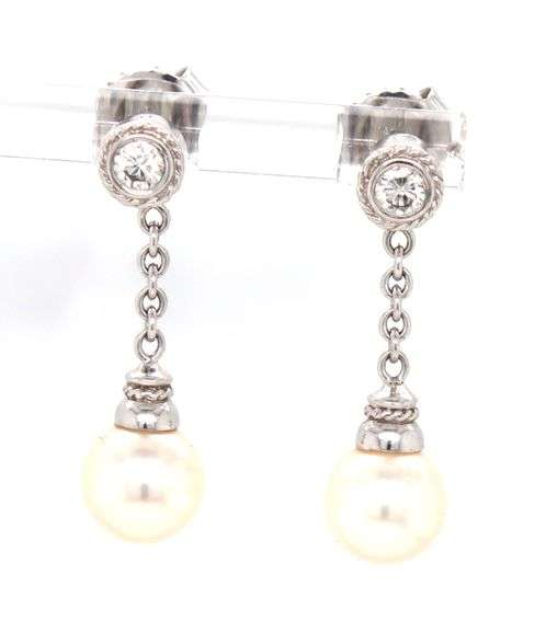 Stylish 18K WG Diamond & Pearl Dangle Earrings