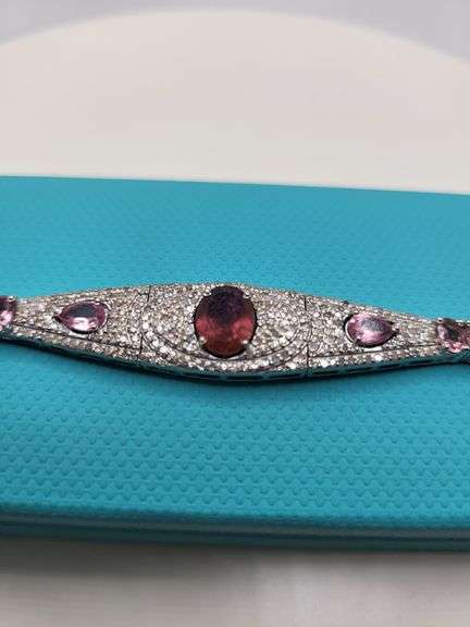 Pink Tourmaline Bracelet diamond studded Sterling Silver