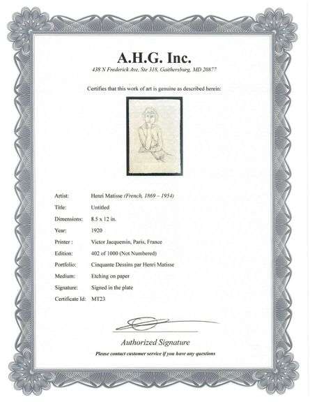 Very rare Henri Matisse etching signed in the plate, C.1920, from the series of Cinquante Dessins