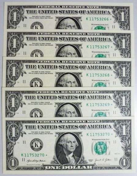 (5) Superb Crisp $1 2021 Star Replacement Notes Dallas-Consecutive!