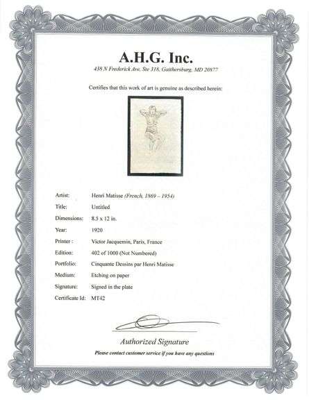 Very rare Henri Matisse etching signed in the plate, C.1920, from the series of Cinquante Dessins