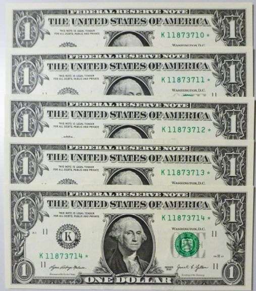 (5) Superb $1 2021 Star Replacement Notes Dallas-Consecutive!