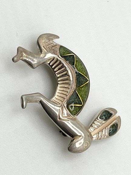925 Sterling Silver Carolyn Pollack Relios Southwestern Rabbit With Green And Gold Inlay Brooch