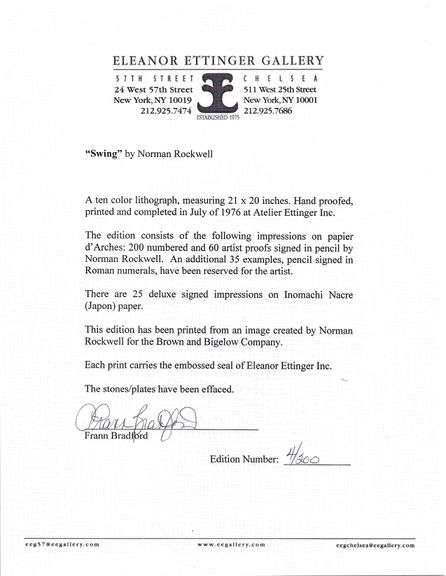 Exclusive Norman Rockwell Signed Limited Edition Lithograph "Swing" with Pubilshers Certificate