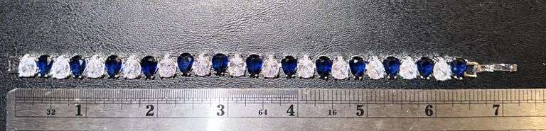 118 Kt White Gold Plated Huge 32.5 Ctw Simulated Midnight Blue Sapphire and Diamond Tennis Bracelet