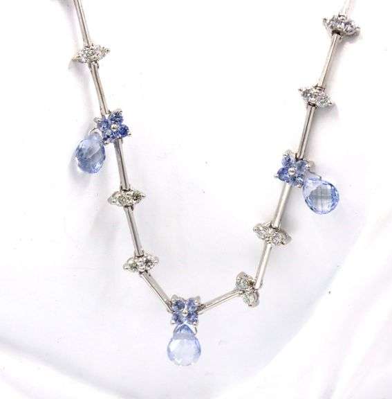 18kt White gold diamond and round and Briolette cut Tanzanite link chain necklace