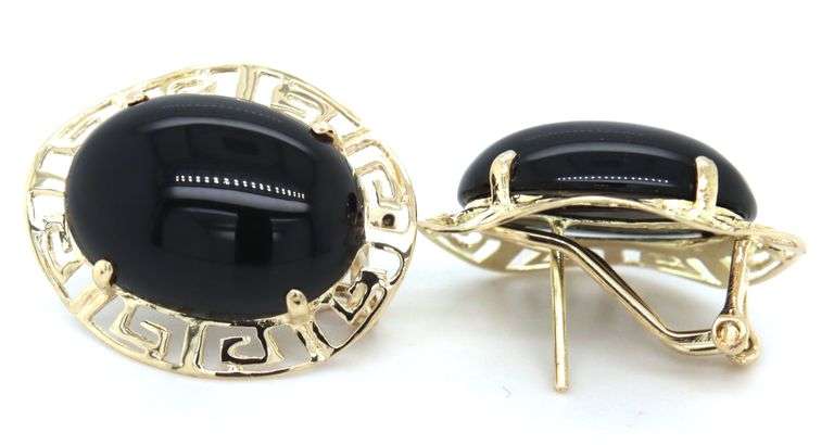 14kt Yellow gold black onyx oval earrings with Greek key halo