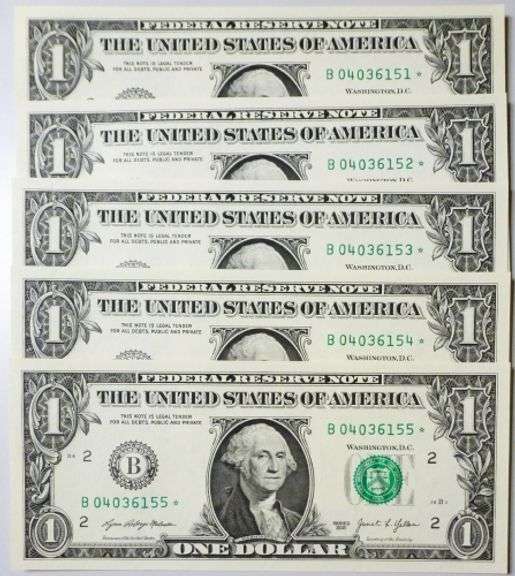 (5) Superb Crisp $1 2021 Star Replacement Notes N.Y.-Consecutive!