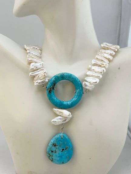 925 Sterling Silver Jay king Biwa Pearl And Turquoise Necklace