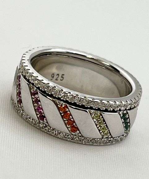 925 Sterling Silver Spinning Multi Color Stones In Rainbow Design Band