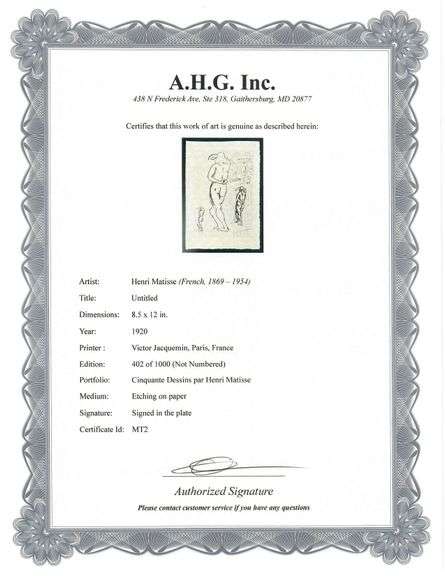 Very rare Henri Matisse etching signed in the plate, C.1920, from the series of Cinquante Dessins