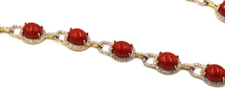 Fantastic 101.44CTW Oval Cabochon-Cut Coral & 7.00CTW Diamond Necklace in 14K Yellow Gold Over Sterl