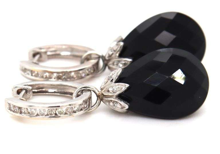 14kt White gold channel set diamond hoop with black onyx teardrop earring jacket