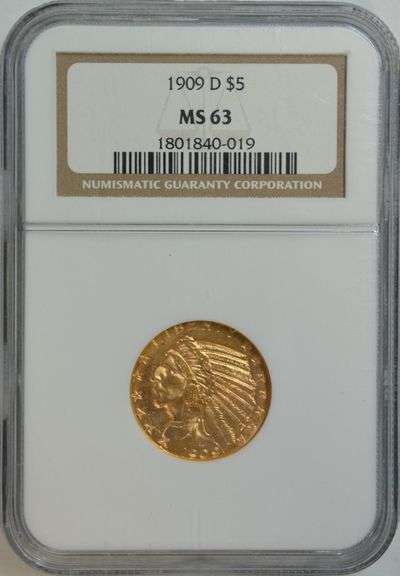 Super Choice BU and lovely 1909-D $5 Indian Gold Piece. NGC MS63