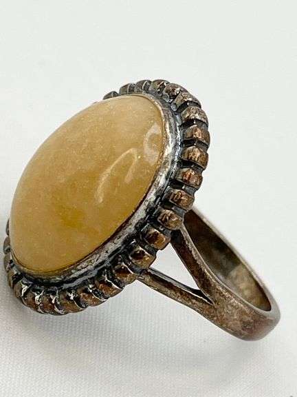 Vintage 925 Sterling Silver Oval Yellow Jasper With Beaded Border Ring